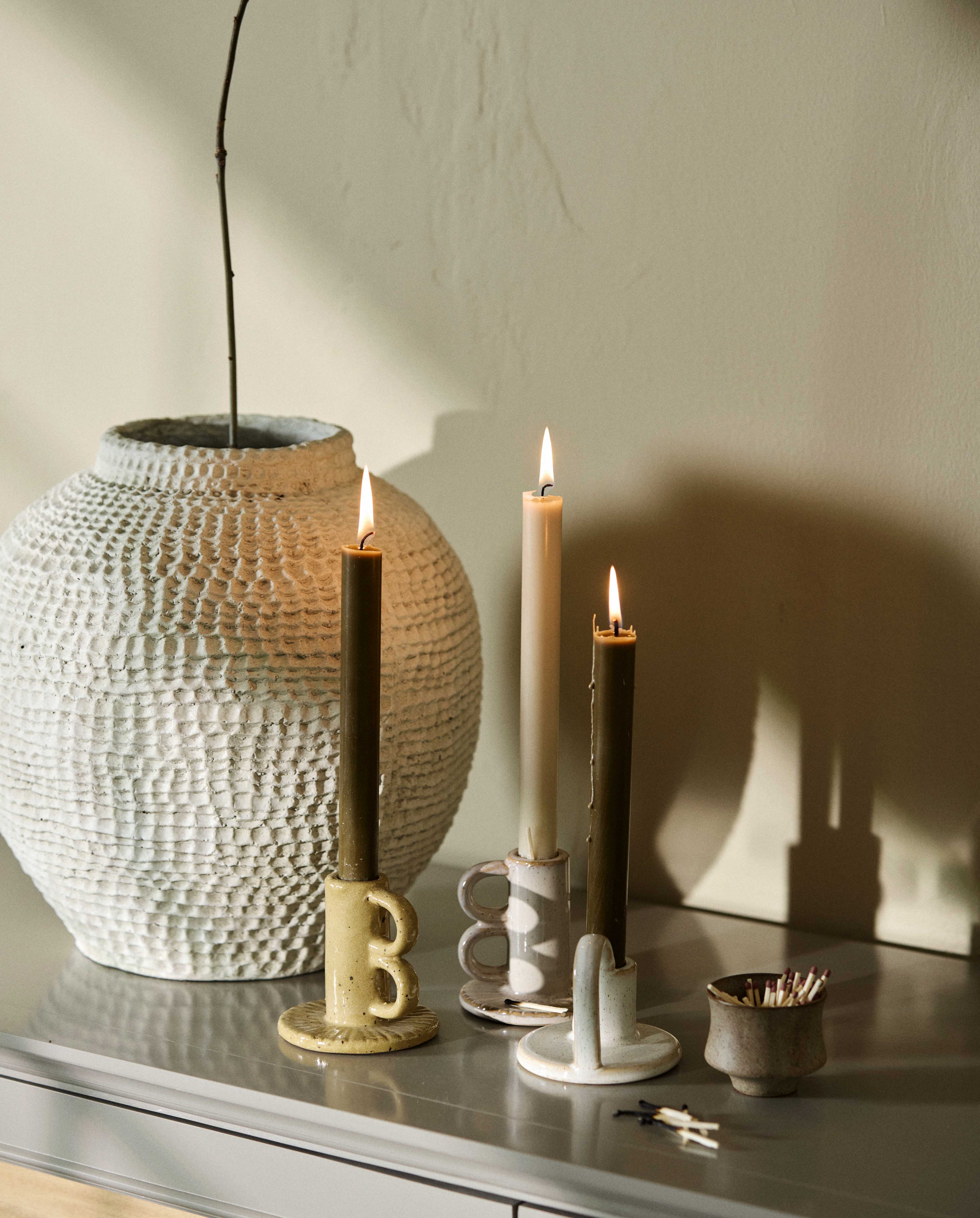 CANDLE, stearinlys, sæt m/4, 25cm - beige