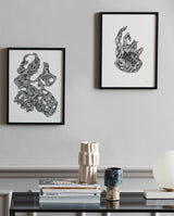 HAND illustration i blæk med ramme - 40x30 cm - sort/hvid