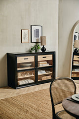 VIVA vitrineskab i træ, lav model m. 2 låger - sort/natur - nordal.dk