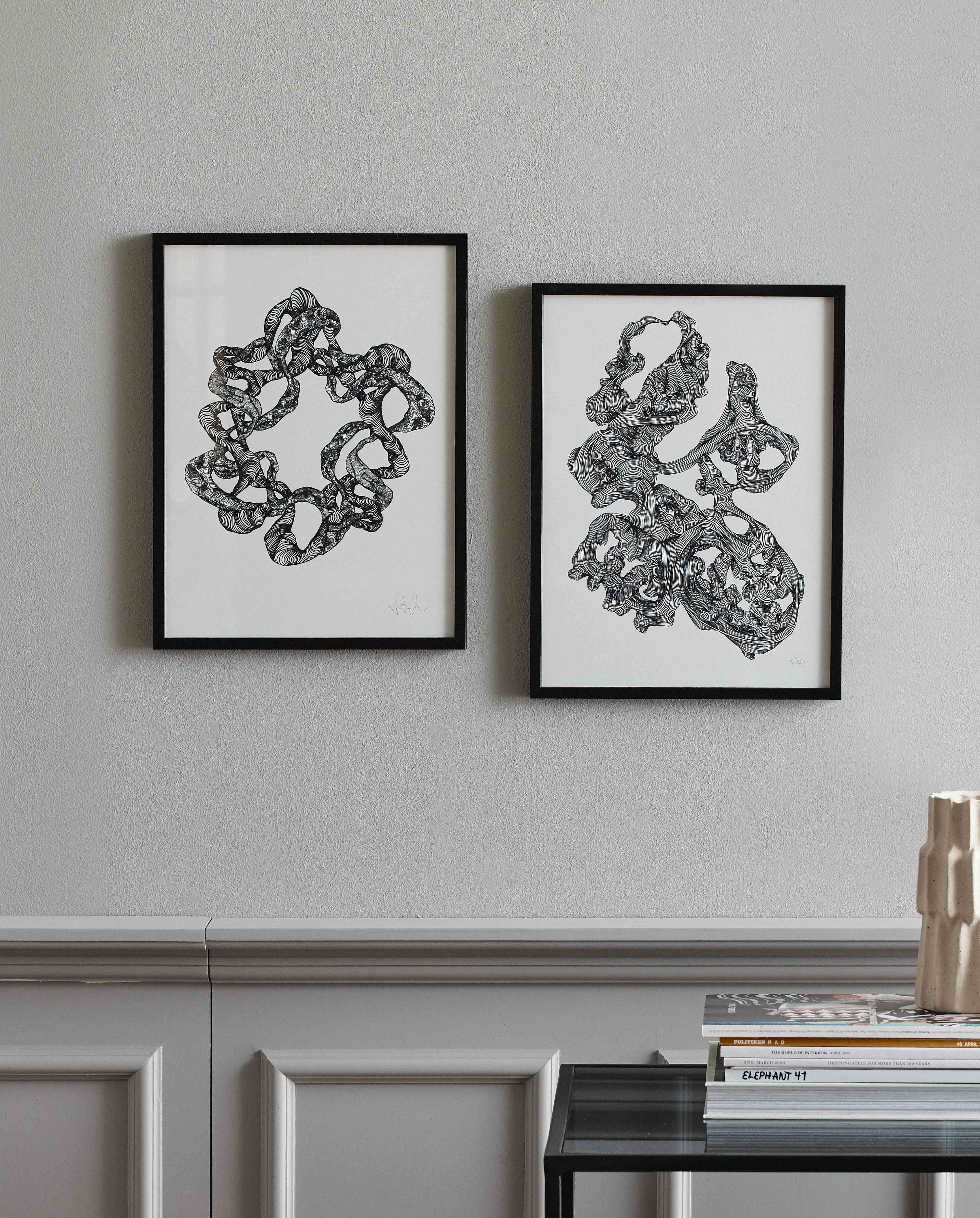 WREATH illustration i blæk med ramme - 40x30 cm - sort/hvid