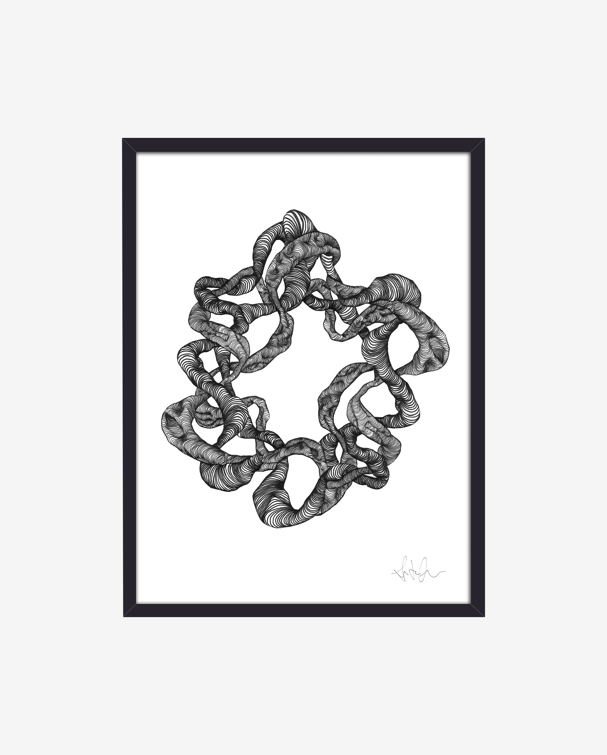 WREATH illustration i blæk med ramme - 40x30 cm - sort/hvid