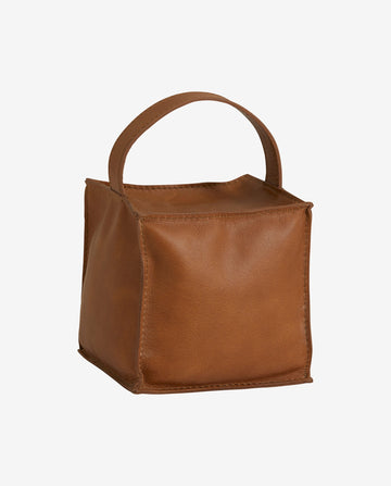 COOK dørstopper i læder med hank - 12x12 cm - brun