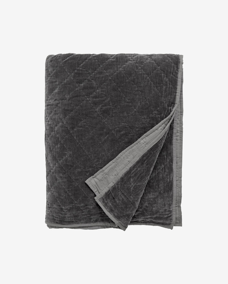 Quiltet sengetæppe i velour - 220x270 cm - mørkegrå