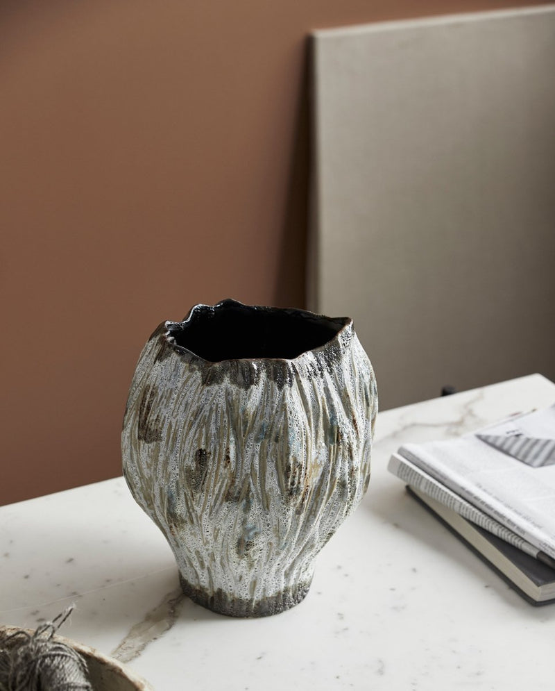 HENRY vase i keramik h25,5 cm - brun/hvid/grøn - nordal.dk